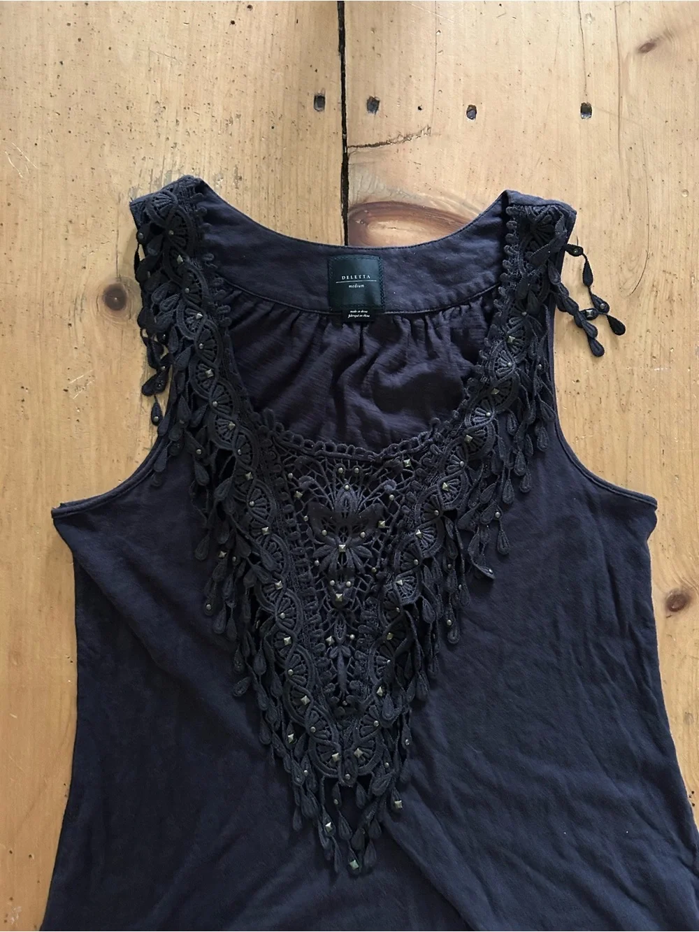 Anthropologie Brown Sleeveless Tank Top with Embroidered Detail and Fringe